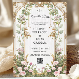 Rosa und goldfarbene Vintage Blumenrahmen Save the Einladung