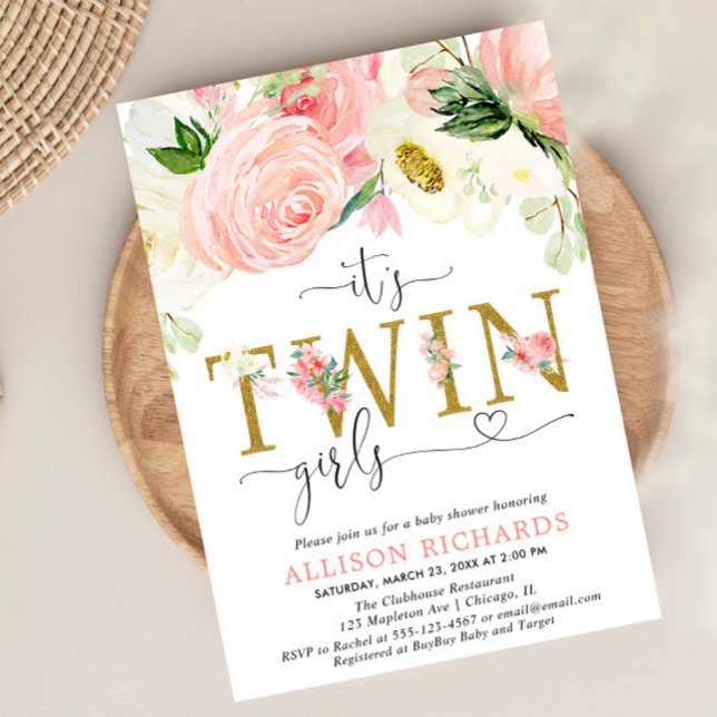 Rosa und goldfarbene Zwillingsmädchen Dusche Einladung (Von Creator hochgeladen)