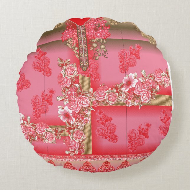 rosa und goldfarbener Hintergrund mit roter Farbe Rundes Kissen (Vorderseite)