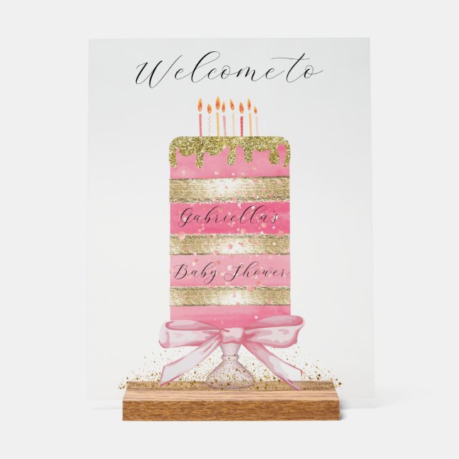 Rosa und goldfarbener Kuchen Personalisiert "Willk Acrylschild (Vorderseite)