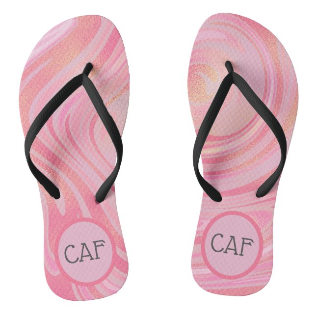 Rosa und goldfarbener Marmor Mit Monogramm Flip Flops (Fußbett)