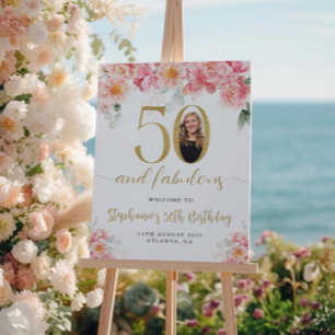 Rosa und goldfarbenes Foto 50. Geburtstag Willkomm Poster