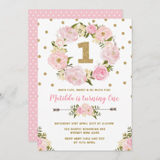 Rosa und Goldfloral Erster Geburtstag Party Einlad Einladung