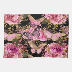 Rosa und Goldfolien-Blumenschmetterlings-Muster Geschirrtuch