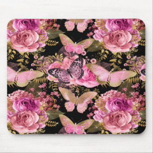 Rosa und Goldfolien-Blumenschmetterlings-Muster Mousepad