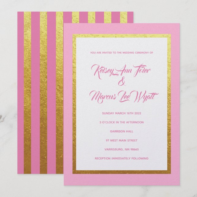 Rosa und goldgestreifte Hochzeitseinladungen Moder Einladung (Vorne/Hinten)