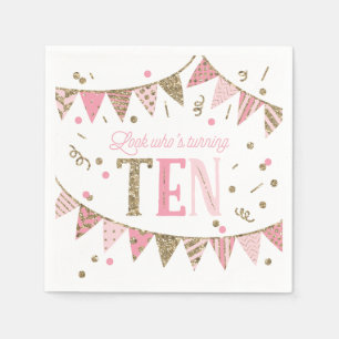Rosa und GoldGlitzer-Fahnen-10. Geburtstags-Party Serviette