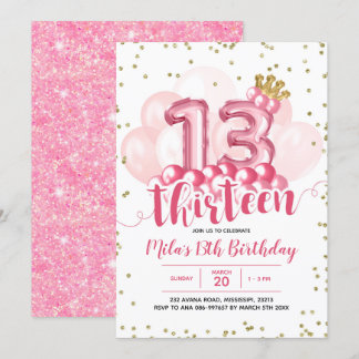 Rosa und Goldkrone Ballon Dreizehn Geburtstag Invi Einladung