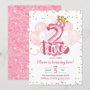 Rosa und Goldkrone Ballon Zweiten Geburtstag Einladung