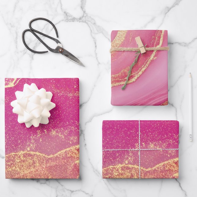 Rosa und Goldmarmor Elegant Geschenkpapier Set (Vorderseite)