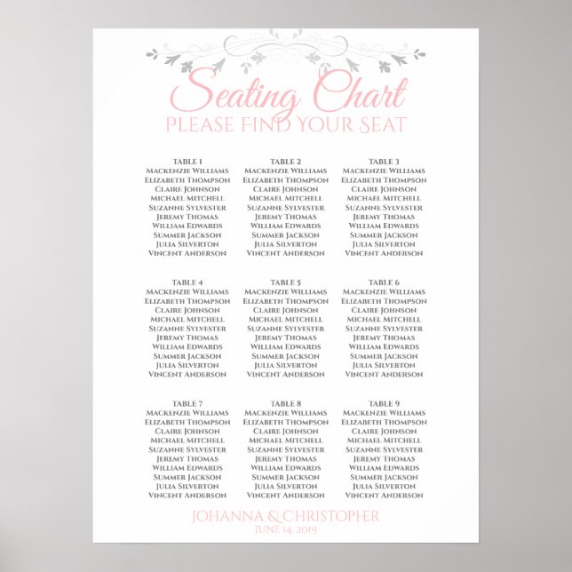 Rosa und Grau 9 Tabelle Hochzeitstabelle Poster (Vorne)