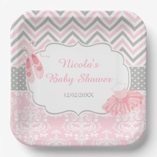 Rosa und Grau Chevron Ballerina Baby Shower Pappteller