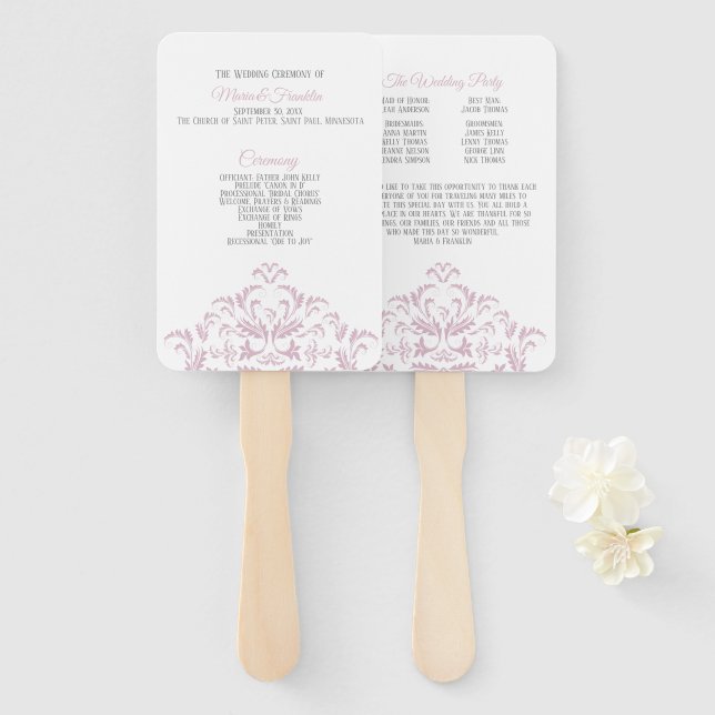 Rosa und grau-elegante Damaskus-Hochzeitslüfter Fächer (Vorne und Hinten)