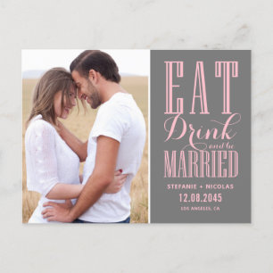 Rosa und Grau essen Drink und Save the Date Verhei Ankündigungspostkarte
