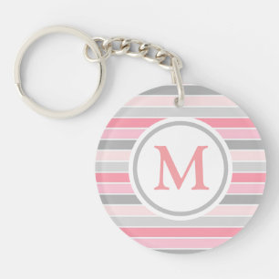 Rosa und Grau gestreifte Monogramm Schlüsselanhänger