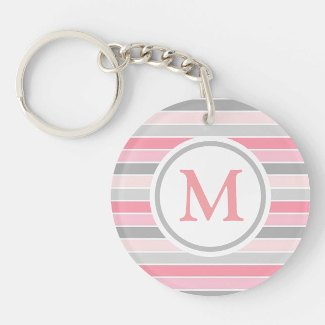 Rosa und Grau gestreifte Monogramm Schlüsselanhänger (Vorderseite)