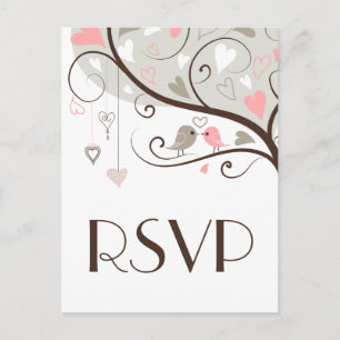 Rosa und Grau Niedliche Lovebirds Wedding RSVP P Einladungspostkarte