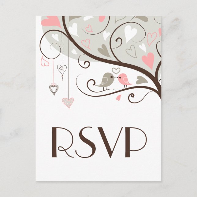 Rosa und Grau | Niedliche Lovebirds Wedding RSVP P Einladungspostkarte (Vorderseite)