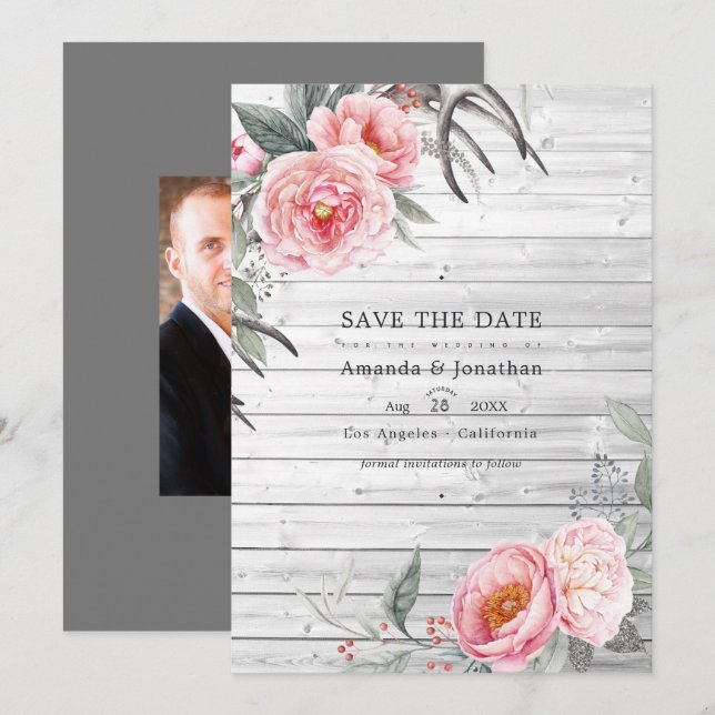 Rosa und grau Rustikale Bohemische Blumenhochzeit Save The Date (Vorne/Hinten)