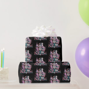 Rosa und Grau Spukhaus-Muster Halloween Geschenkpapier