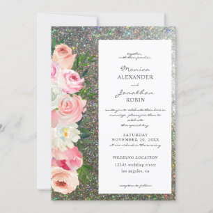 Rosa- und Graublütige Hochzeit mit Silberglitter Einladung