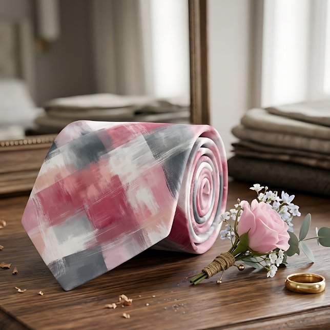 Rosa und graue abstrakte Gingham-Krawatte für Herr Krawatte (Von Creator hochgeladen)