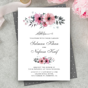 Rosa und Graue Aquarell-Blumen islamische Hochzeit Einladung