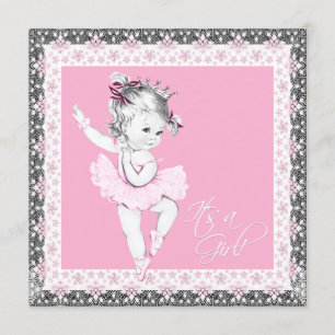 Rosa und graue Ballerina-Baby-Mädchen-Party Einladung