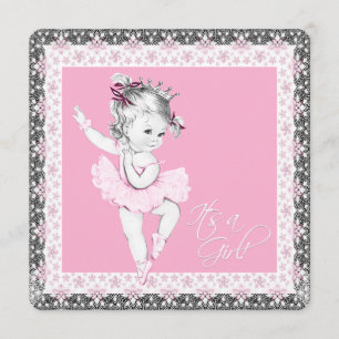 Rosa und Graue Ballerina-Baby-Mädchen-Party Einladung