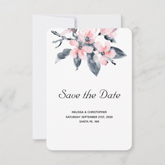 Rosa und graue Blume Hochzeit mit klassischer Wass Save The Date (Vorderseite)