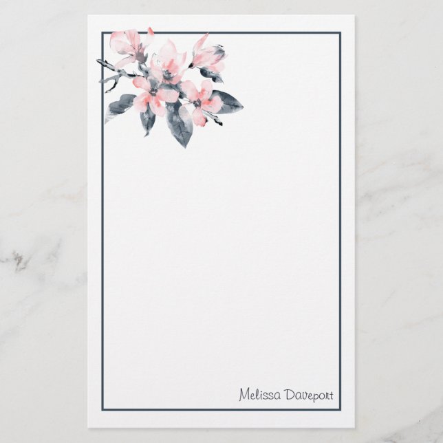 Rosa und graue Blume Klasse Wasserfarbe Briefpapier (Vorderseite)