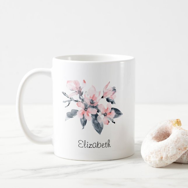 Rosa und graue Blume Klasse Wasserfarbe Kaffeetasse (Mit Donut)