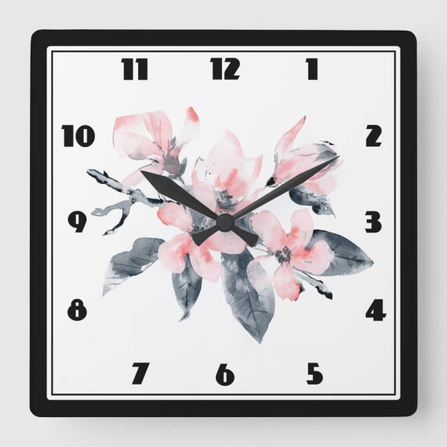 Rosa und graue Blume Klasse Wasserfarbe Quadratische Wanduhr (Vorderseite)