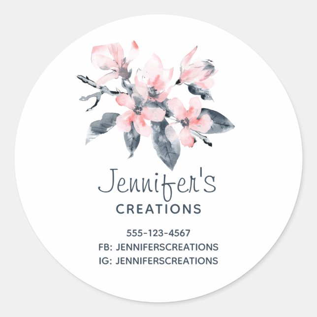 Rosa und graue Blume Klassisches Wasserfarbengesch Runder Aufkleber (Vorderseite)