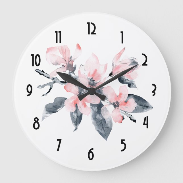 Rosa und graue Blume Wasserfarbe Große Wanduhr (Vorderseite)