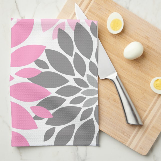 Rosa und graue Chrysanthemen Blumenmuster Geschirrtuch (Viertel Falte)