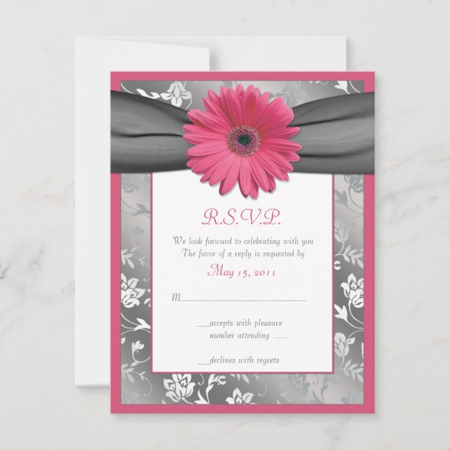 Rosa und graue florale Damaskus-Hochzeitskarte RSVP Karte (Vorderseite)