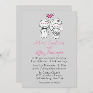 Rosa und graue Hochzeitsbraun und Cartoon Einladung