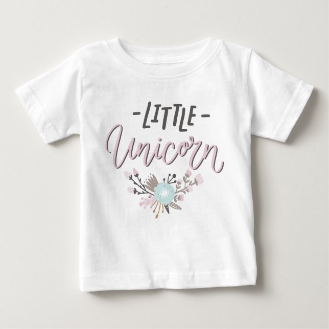 Rosa und graue kleine Einhornhandschrift mit Blume Baby T-shirt (Vorderseite)