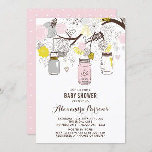 Rosa und graue Mason Jars und Blume Babydusche Einladung