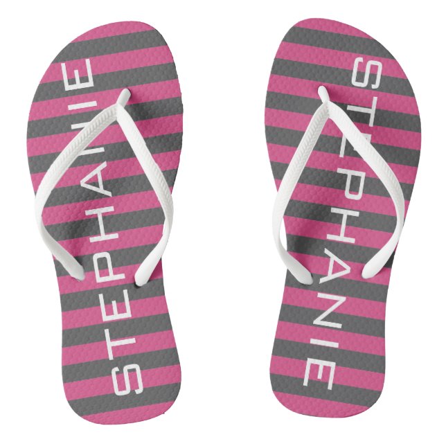 Rosa und graue Rugby Streifen mit Individuelle Nam Flip Flops (Fußbett)