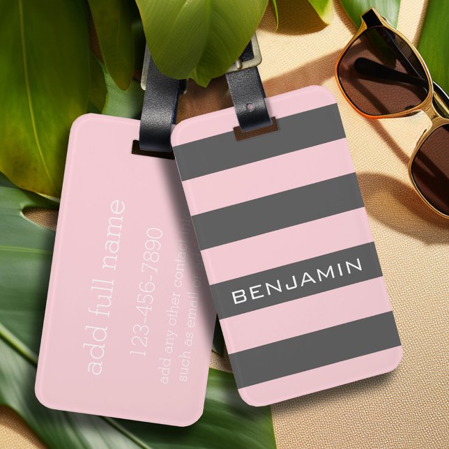 Rosa und graue Rugby Streifen mit Individuelle Nam Gepäckanhänger (Personalized luggage tag - Modern Stripe Pattern with custom text)