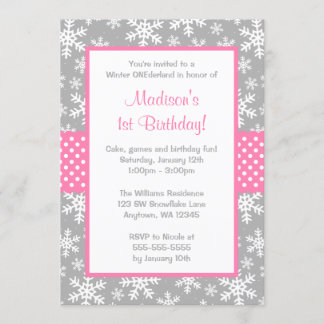 Rosa und graue Schneeflocken Winter Onederland Einladung