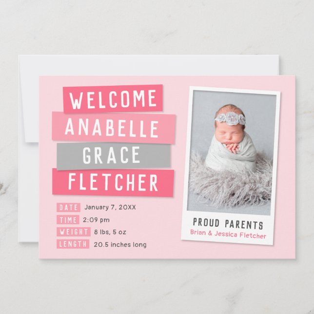 Rosa und graue Snapshot 2 Foto Geburtsankündigung Ankündigung (Vorderseite)