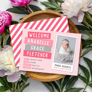 Rosa und graue Snapshot Foto Geburtsankündigung Ankündigung