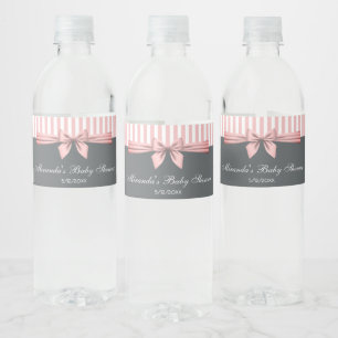 Rosa und graue Stripte Bow Babydusche Wasserflaschenetikett