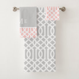 Rosa und graue Trellis Monogramm | Editierbare Far Badhandtuch Set