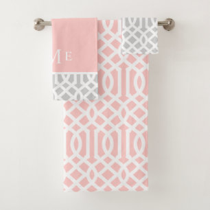 Rosa und graue Trellis Monogramm Editierbare Far Badhandtuch Set