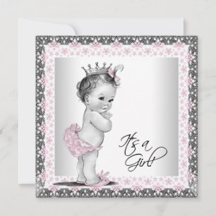 Rosa und Graue Vintage-Baby-Mädchen-Party Einladung