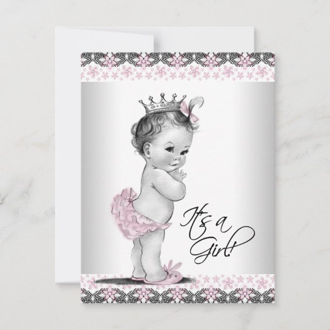 Rosa und graue Vintage Kindermädchendusche Einladung (Vorderseite)